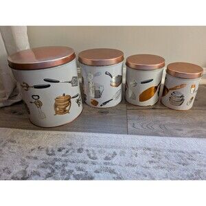 Vtg Weibro 1950s Tin White Silver Copper Color 4 Canister Set Retro Kitchen MCM